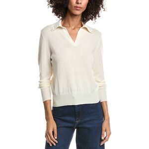 Forte Cashmere Womens  Wool & Cashmere-Blend Crystal Polo Sweater, White